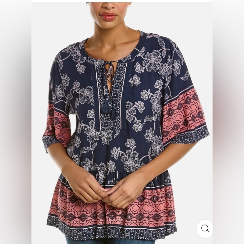 BEACHLUNCHLOUNGE NWT Boho Tiered Split V-Neck Multi Print Bell SLV Tunic SZ XL